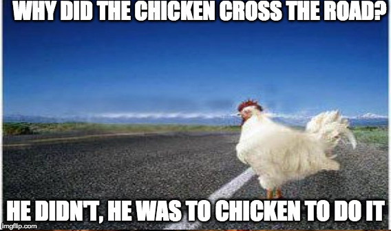 WHY DID THE CHICKEN CROSS THE ROAD? HE DIDN'T, HE WAS TO CHICKEN TO DO IT | image tagged in memes,jokes | made w/ Imgflip meme maker