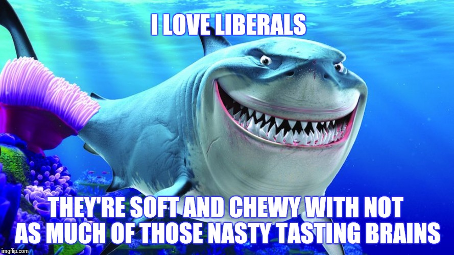 No one is totally worthless | I LOVE LIBERALS; THEY'RE SOFT AND CHEWY WITH NOT AS MUCH OF THOSE NASTY TASTING BRAINS | image tagged in happy shark,liberals,tasty | made w/ Imgflip meme maker