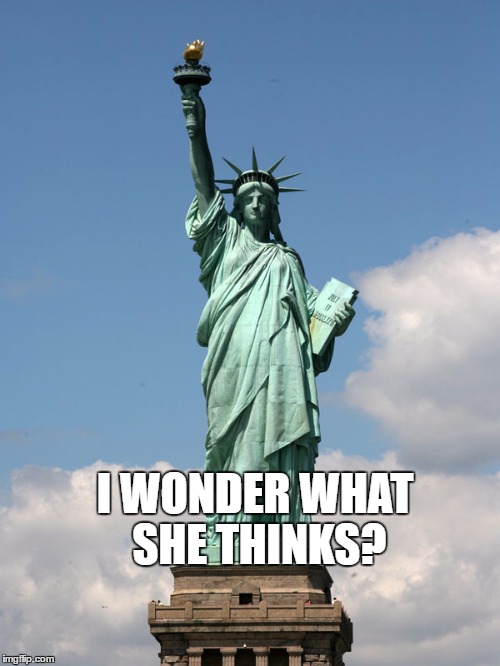 statue of liberty | I WONDER WHAT SHE THINKS? | image tagged in statue of liberty | made w/ Imgflip meme maker