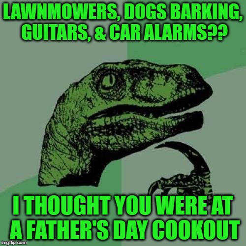 Philosoraptor Meme | LAWNMOWERS, DOGS BARKING, GUITARS, & CAR ALARMS?? I THOUGHT YOU WERE AT A FATHER'S DAY COOKOUT | image tagged in memes,philosoraptor | made w/ Imgflip meme maker