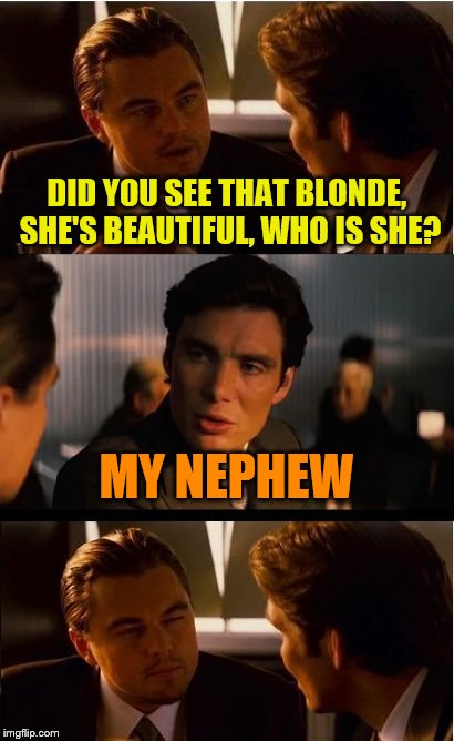 Inception Meme | DID YOU SEE THAT BLONDE, SHE'S BEAUTIFUL, WHO IS SHE? MY NEPHEW | image tagged in memes,inception | made w/ Imgflip meme maker