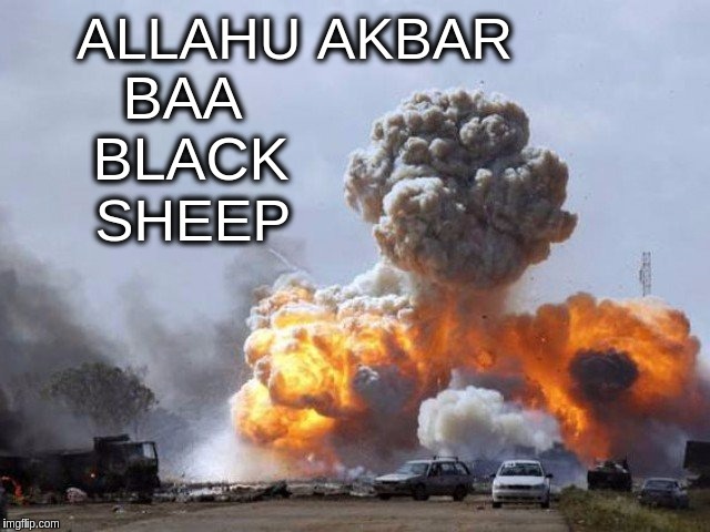 Allahu Akbar Baa Black Sheep | ALLAHU AKBAR; BAA BLACK; SHEEP | image tagged in allahu,akbar,black,sheep,explode,islam | made w/ Imgflip meme maker