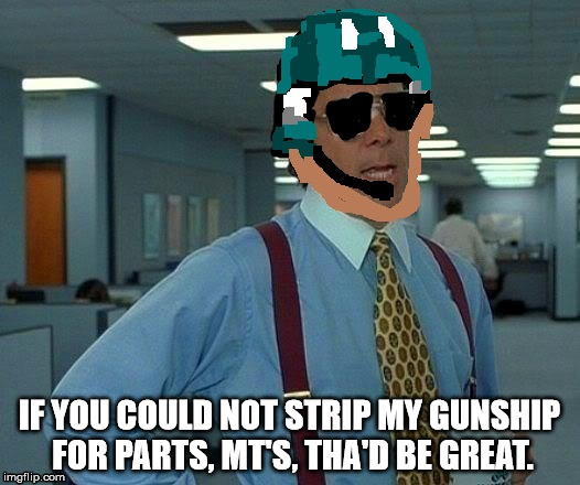 IF YOU COULD NOT STRIP MY GUNSHIP FOR PARTS, MT'S, THA'D BE GREAT. | made w/ Imgflip meme maker