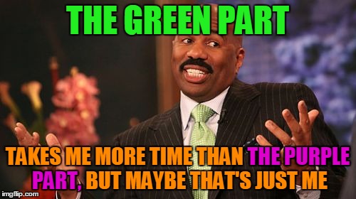 Steve Harvey Meme | THE GREEN PART TAKES ME MORE TIME THAN THE PURPLE PART, BUT MAYBE THAT'S JUST ME PART, THE PURPLE | image tagged in memes,steve harvey | made w/ Imgflip meme maker