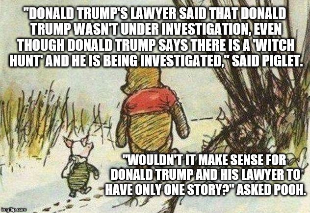 Pooh Piglet | "DONALD TRUMP'S LAWYER SAID THAT DONALD TRUMP WASN'T UNDER INVESTIGATION, EVEN THOUGH DONALD TRUMP SAYS THERE IS A 'WITCH HUNT' AND HE IS BEING INVESTIGATED," SAID PIGLET. "WOULDN'T IT MAKE SENSE FOR DONALD TRUMP AND HIS LAWYER TO HAVE ONLY ONE STORY?" ASKED POOH. | image tagged in pooh piglet | made w/ Imgflip meme maker