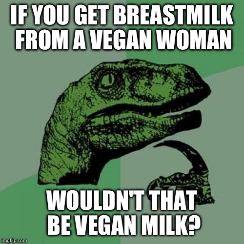 Philosoraptor | IF YOU GET BREASTMILK FROM A VEGAN WOMAN; WOULDN'T THAT BE VEGAN MILK? | image tagged in memes,philosoraptor | made w/ Imgflip meme maker