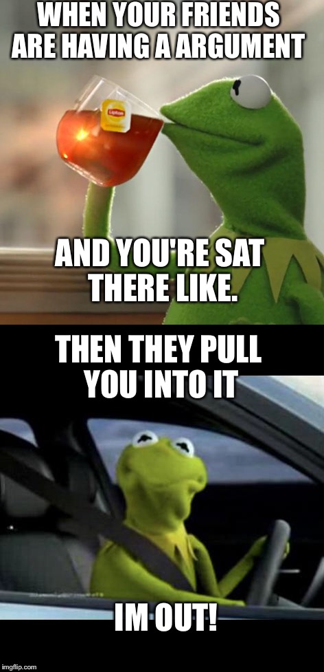Three friends, one argument. | WHEN YOUR FRIENDS ARE HAVING A ARGUMENT; AND YOU'RE SAT THERE LIKE. THEN THEY PULL YOU INTO IT; IM OUT! | image tagged in kermit the frog | made w/ Imgflip meme maker