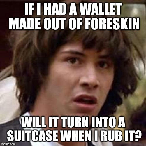 Conspiracy Keanu Meme | IF I HAD A WALLET MADE OUT OF FORESKIN WILL IT TURN INTO A SUITCASE WHEN I RUB IT? | image tagged in memes,conspiracy keanu | made w/ Imgflip meme maker