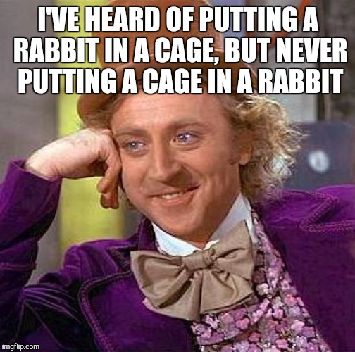 Creepy Condescending Wonka Meme | I'VE HEARD OF PUTTING A RABBIT IN A CAGE, BUT NEVER PUTTING A CAGE IN A RABBIT | image tagged in memes,creepy condescending wonka | made w/ Imgflip meme maker