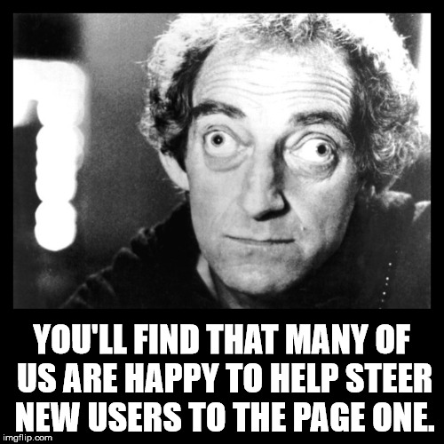YOU'LL FIND THAT MANY OF US ARE HAPPY TO HELP STEER NEW USERS TO THE PAGE ONE. | made w/ Imgflip meme maker