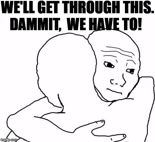 awww hug | WE'LL GET THROUGH THIS. DAMMIT,  WE HAVE TO! | image tagged in awww hug | made w/ Imgflip meme maker