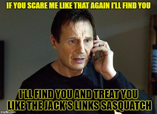 IF YOU SCARE ME LIKE THAT AGAIN I'LL FIND YOU I'LL FIND YOU AND TREAT YOU LIKE THE JACK'S LINKS SASQUATCH | made w/ Imgflip meme maker