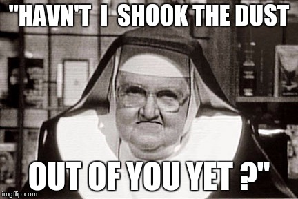 Frowning Nun Meme | "HAVN'T  I  SHOOK THE DUST; OUT OF YOU YET ?" | image tagged in memes,frowning nun | made w/ Imgflip meme maker