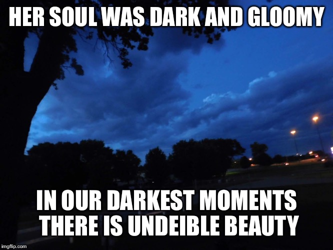 HER SOUL WAS DARK AND GLOOMY; IN OUR DARKEST MOMENTS THERE IS UNDEIBLE BEAUTY | image tagged in susanne pieper | made w/ Imgflip meme maker