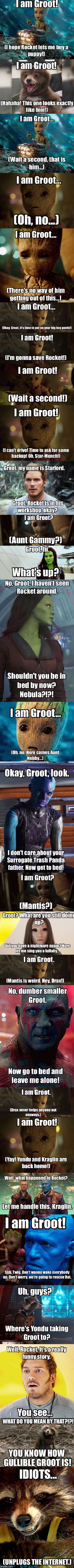 Groot's Internet Adventures: Saving Rocket  | WHAT DO YOU MEAN BY THAT?!?! YOU KNOW HOW GULLIBLE GROOT IS! IDIOTS... (UNPLUGS THE INTERNET.) | image tagged in groot,rocket raccoon,memes,yondu,starlord | made w/ Imgflip meme maker