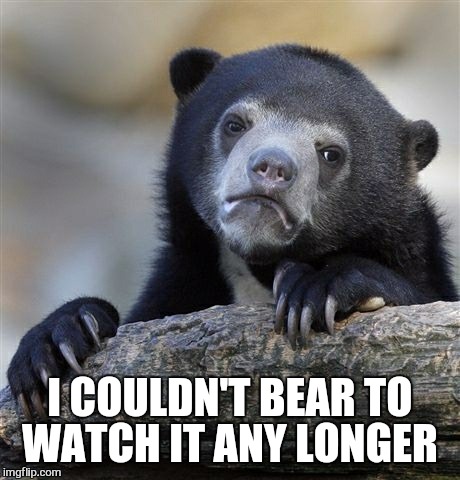 Confession Bear Meme | I COULDN'T BEAR TO WATCH IT ANY LONGER | image tagged in memes,confession bear | made w/ Imgflip meme maker