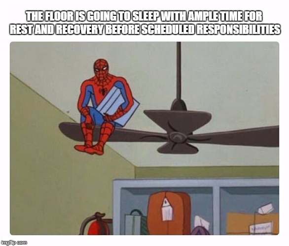 spider man floor is lava | THE FLOOR IS GOING TO SLEEP WITH AMPLE TIME FOR REST AND RECOVERY BEFORE SCHEDULED RESPONSIBILITIES | image tagged in spider man floor is lava | made w/ Imgflip meme maker
