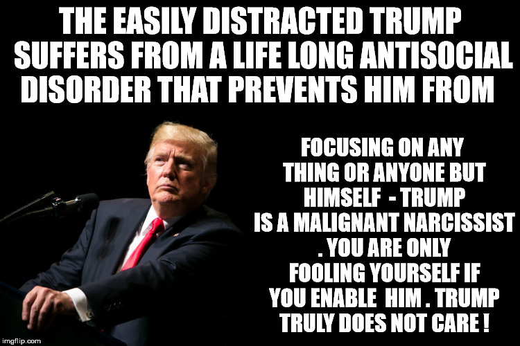 The Enable Illness | THE EASILY DISTRACTED TRUMP SUFFERS FROM A LIFE LONG ANTISOCIAL DISORDER THAT PREVENTS HIM FROM; FOCUSING ON ANY THING OR ANYONE BUT HIMSELF  - TRUMP IS A MALIGNANT NARCISSIST . YOU ARE ONLY FOOLING YOURSELF IF YOU ENABLE  HIM . TRUMP TRULY DOES NOT CARE ! | image tagged in donald trump | made w/ Imgflip meme maker