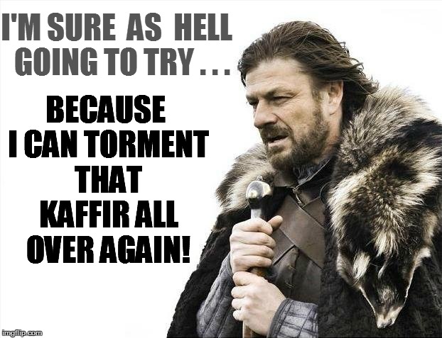 Brace Yourselves X is Coming Meme | I'M SURE  AS  HELL  GOING TO TRY . . . BECAUSE I CAN TORMENT THAT KAFFIR ALL OVER AGAIN! | image tagged in memes,brace yourselves x is coming | made w/ Imgflip meme maker