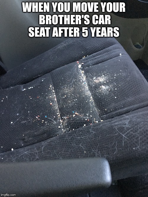 Dirty Car Seat | WHEN YOU MOVE YOUR BROTHER'S CAR SEAT AFTER 5 YEARS | image tagged in dirty,car,chair,food | made w/ Imgflip meme maker