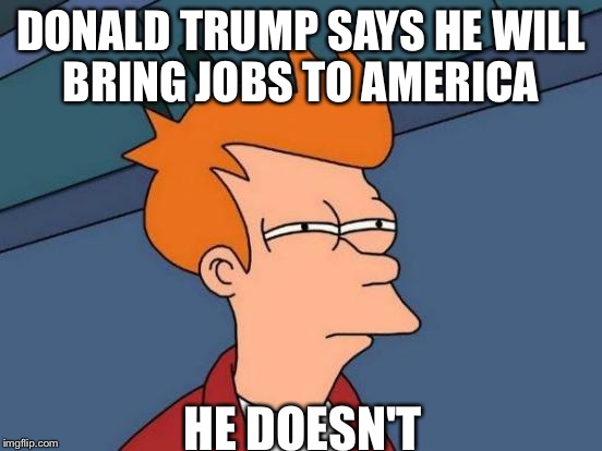 Futurama Fry | DONALD TRUMP SAYS HE WILL BRING JOBS TO AMERICA; HE DOESN'T | image tagged in memes,futurama fry | made w/ Imgflip meme maker