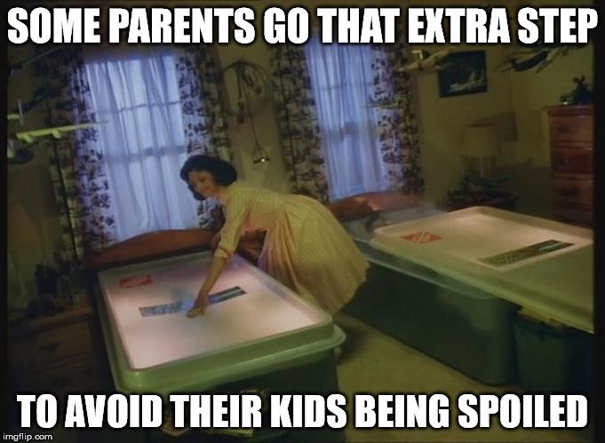 Of course, you do have the problem of them being always fresh | SOME PARENTS GO THAT EXTRA STEP; TO AVOID THEIR KIDS BEING SPOILED | image tagged in eerie indiana,tupperware,child rearing | made w/ Imgflip meme maker
