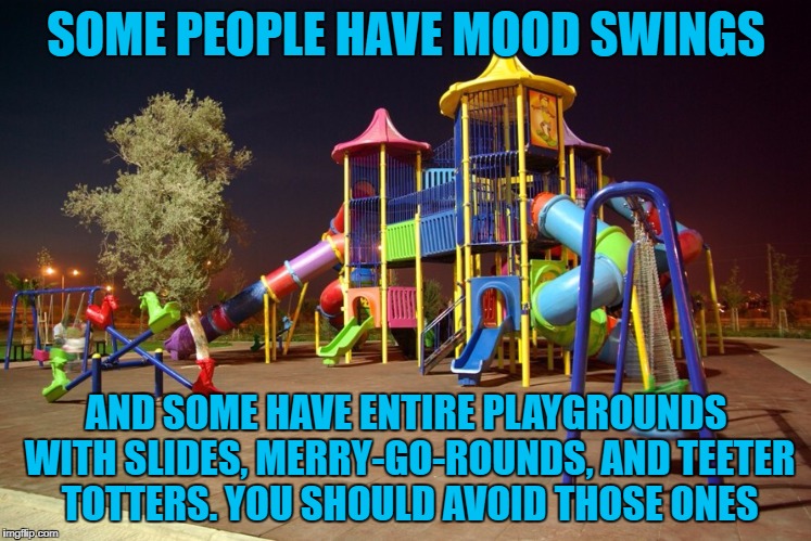 Playground night | SOME PEOPLE HAVE MOOD SWINGS; AND SOME HAVE ENTIRE PLAYGROUNDS WITH SLIDES, MERRY-GO-ROUNDS, AND TEETER TOTTERS. YOU SHOULD AVOID THOSE ONES | image tagged in playground night,mood swings,funny,funny memes,emotions | made w/ Imgflip meme maker