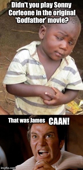 IMGFLIP MEETS IMBD | Didn't you play Sonny Corleone in the original 'Godfather' movie? That was James; CAAN! | image tagged in the godfather,khan,third world skeptical kid | made w/ Imgflip meme maker