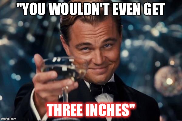 Leonardo Dicaprio Cheers Meme | "YOU WOULDN'T EVEN GET; THREE INCHES" | image tagged in memes,leonardo dicaprio cheers | made w/ Imgflip meme maker