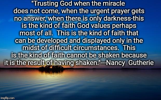 Inspirational Quote | "Trusting God when the miracle does not come, when the urgent prayer gets no answer, when there is only darkness-this is the kind of faith God values perhaps most of all.  This is the kind of faith that can be developed and displayed only in the midst of difficult circumstances.  This is the kind of faith cannot be shaken because it is the result of having shaken."---Nancy  Gutherie | image tagged in inspirational quote | made w/ Imgflip meme maker