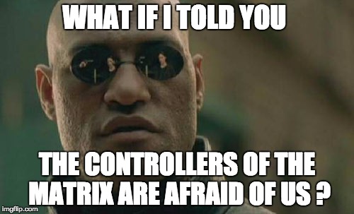 Matrix Morpheus Meme | WHAT IF I TOLD YOU; THE CONTROLLERS OF THE MATRIX ARE AFRAID OF US ? | image tagged in memes,matrix morpheus | made w/ Imgflip meme maker