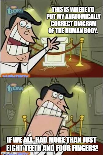 Jeez.
 | THIS IS WHERE I'D PUT MY ANATOMICALLY CORRECT DIAGRAM OF THE HUMAN BODY. IF WE ALL  HAD MORE THAN JUST EIGHT TEETH AND FOUR FINGERS! | image tagged in if i had one meme | made w/ Imgflip meme maker