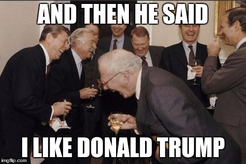 Laughing Men In Suits | AND THEN HE SAID; I LIKE DONALD TRUMP | image tagged in memes,laughing men in suits | made w/ Imgflip meme maker