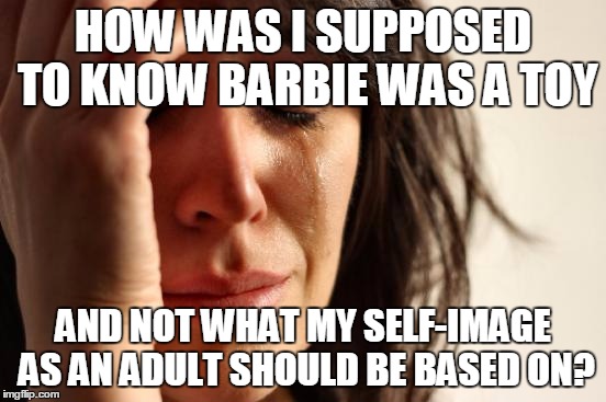First World Problems Meme | HOW WAS I SUPPOSED TO KNOW BARBIE WAS A TOY; AND NOT WHAT MY SELF-IMAGE AS AN ADULT SHOULD BE BASED ON? | image tagged in memes,first world problems | made w/ Imgflip meme maker