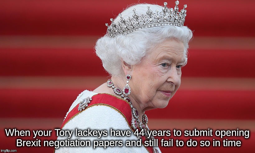 When Your Tory Lackeys Have 44 Years To Submit Opening Brexit Negotation Papers And Still Fail To Do So In Time | When your Tory lackeys have 44 years to submit opening Brexit negotiation papers and still fail to do so in time | image tagged in queen,tory,brexit,lackey,opening,papers | made w/ Imgflip meme maker