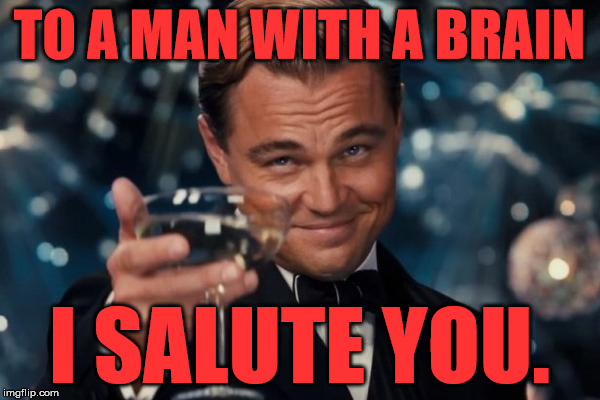 Leonardo Dicaprio Cheers Meme | TO A MAN WITH A BRAIN I SALUTE YOU. | image tagged in memes,leonardo dicaprio cheers | made w/ Imgflip meme maker