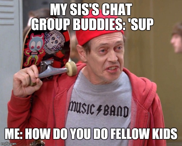 Steve Buscemi Fellow Kids | MY SIS'S CHAT GROUP BUDDIES: 'SUP; ME: HOW DO YOU DO FELLOW KIDS | image tagged in steve buscemi fellow kids | made w/ Imgflip meme maker