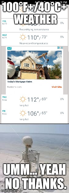 Gotta love the summer months lol. How the hell is that even possible? | 100°F+/40°C+ WEATHER; UMM... YEAH NO THANKS. | image tagged in memes,summer,hot,skeleton | made w/ Imgflip meme maker