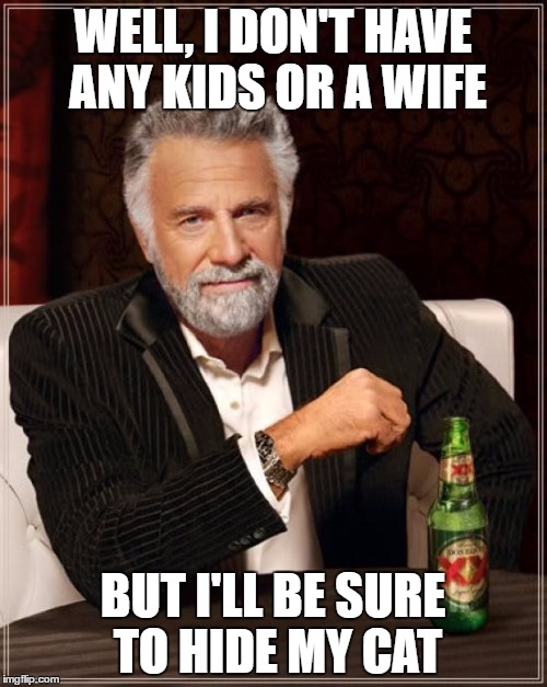 The Most Interesting Man In The World Meme | WELL, I DON'T HAVE ANY KIDS OR A WIFE BUT I'LL BE SURE TO HIDE MY CAT | image tagged in memes,the most interesting man in the world | made w/ Imgflip meme maker