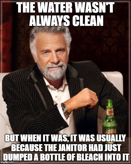 THE WATER WASN'T ALWAYS CLEAN BUT WHEN IT WAS, IT WAS USUALLY BECAUSE THE JANITOR HAD JUST DUMPED A BOTTLE OF BLEACH INTO IT | image tagged in memes,the most interesting man in the world | made w/ Imgflip meme maker