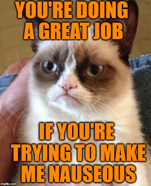 Grumpy Cat Meme | YOU'RE DOING A GREAT JOB IF YOU'RE TRYING TO MAKE ME NAUSEOUS | image tagged in memes,grumpy cat | made w/ Imgflip meme maker