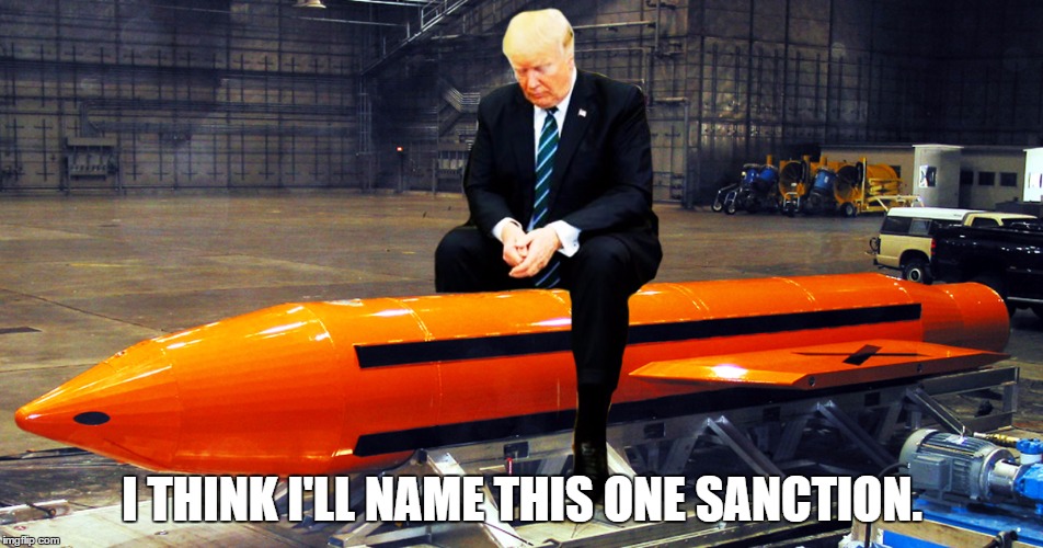Trumps pet is ready to come out and play again. | I THINK I'LL NAME THIS ONE SANCTION. | image tagged in donald trump,political meme,moab,bomb | made w/ Imgflip meme maker