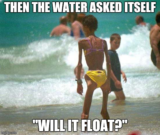 Beach Babe Problems | THEN THE WATER ASKED ITSELF; "WILL IT FLOAT?" | image tagged in beach babe,memes,funny,beach,ocean,float | made w/ Imgflip meme maker