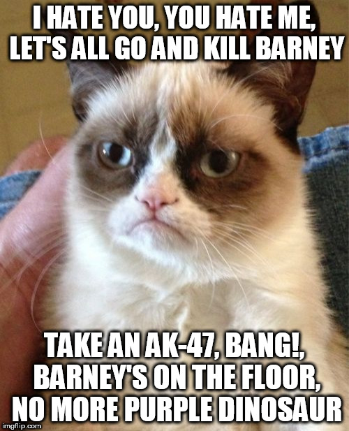 Grumpy Cat Meme | I HATE YOU, YOU HATE ME, LET'S ALL GO AND KILL BARNEY TAKE AN AK-47, BANG!, BARNEY'S ON THE FLOOR, NO MORE PURPLE DINOSAUR | image tagged in memes,grumpy cat | made w/ Imgflip meme maker