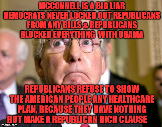 mitch mcconnell | MCCONNELL IS A BIG LIAR DEMOCRATS NEVER LOCKED OUT REPUBLICANS FROM ANY BILLS & REPUBLICANS BLOCKED EVERYTHING  WITH OBAMA; REPUBLICANS REFUSE TO SHOW THE AMERICAN PEOPLE ANY HEALTHCARE PLAN, BECAUSE THEY HAVE NOTHING BUT MAKE A REPUBLICAN RICH CLAUSE | image tagged in mitch mcconnell | made w/ Imgflip meme maker