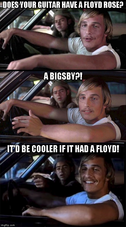 Floyd Rose Bridges Rule! Yes they do. | DOES YOUR GUITAR HAVE A FLOYD ROSE? A BIGSBY?! IT'D BE COOLER IF IT HAD A FLOYD! | image tagged in guitars,floyd rose,bigsby,tremolo bridge,evh,kramer guitars | made w/ Imgflip meme maker