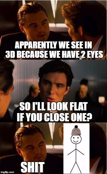 Inception | APPARENTLY WE SEE IN 3D BECAUSE WE HAVE 2 EYES; SO I'LL LOOK FLAT IF YOU CLOSE ONE? SHIT | image tagged in memes,inception | made w/ Imgflip meme maker