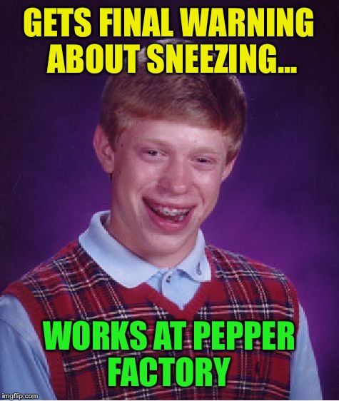 Bad Luck Brian Meme | GETS FINAL WARNING ABOUT SNEEZING... WORKS AT PEPPER FACTORY | image tagged in memes,bad luck brian | made w/ Imgflip meme maker
