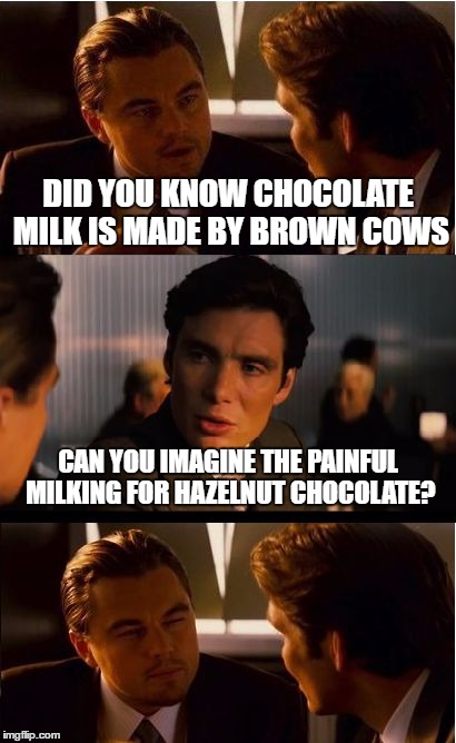 16 MILLION AMERICANS STILL BELIEVE CHOCOLATE MILK COMES FROM BROWN COWS | DID YOU KNOW CHOCOLATE MILK IS MADE BY BROWN COWS; CAN YOU IMAGINE THE PAINFUL MILKING FOR HAZELNUT CHOCOLATE? | image tagged in memes,inception | made w/ Imgflip meme maker