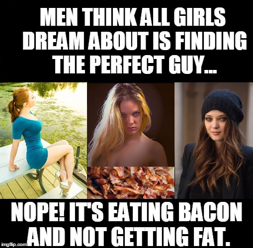 The Perfect Guy or a Slice of Heaven? |  MEN THINK ALL GIRLS DREAM ABOUT IS FINDING THE PERFECT GUY... NOPE! IT'S EATING BACON AND NOT GETTING FAT. | image tagged in vince vance,bacon,bacon memes,hot girls,the perfect man,i love bacon | made w/ Imgflip meme maker
